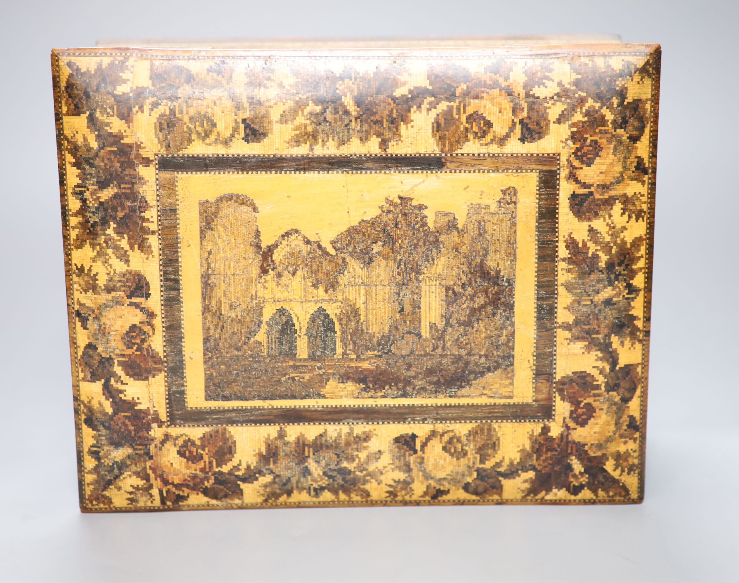 A Tunbridge ware 'Bayham Abbey' rosewood and tesserae mosaic sewing box, probably Hollamby, 2nd half 19th century, 26.5cm